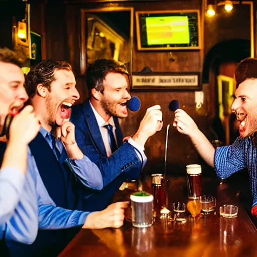 Prompt: 5 ducks pointing microphones at each other in a british pub as a photo