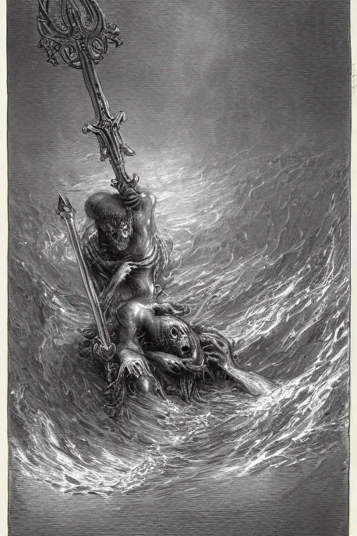 Image similar to painting by gustave dore of a drowned zombie with!! glowing cyan eyes!!, holding a trident, underwater