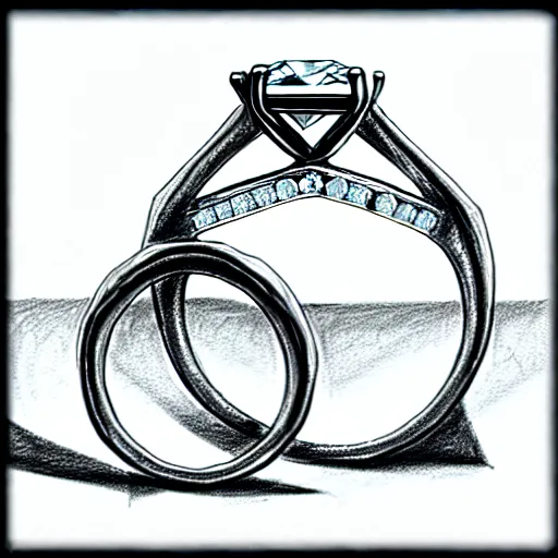 Image similar to graphite sketch of engagement ring with two smaller diamonds outside and one bigger diamond in the middle, realistic, hyper detailed, concept art, victorian, multiple angles