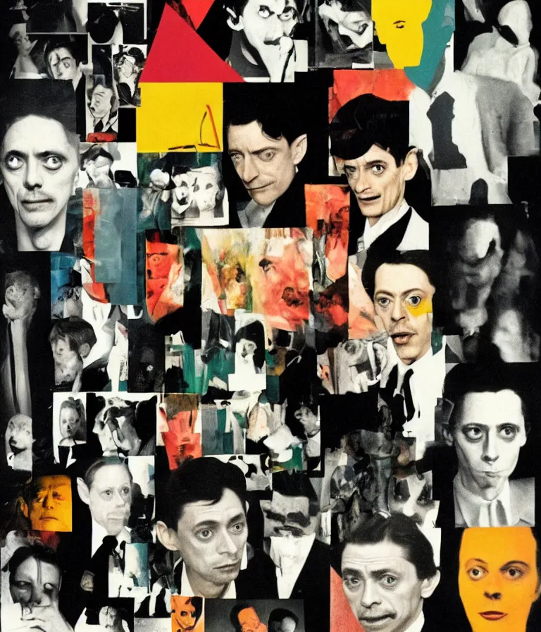 Prompt: Beautiful colorful Minimalist!!!!!! Horror Movie! Poster made for the film Franz Kafka's Birthday Party (1997) Starring Steve Buscemi, minimalist simplified photo collage by Man Ray and Diane Arbus, Vivid color trending on artstation Cinematic lighting minimalist!! collage!! 8k
