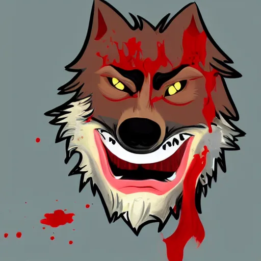 Prompt: wolfman with red liquid on his mouth, digital art, pastel, colorful, sticker, digital art, cartoony