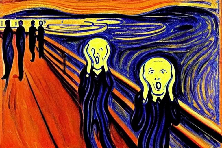 Prompt: Edvard Munch's 'the scream but with joe biden and the stock market is in the background', painting, expressionism