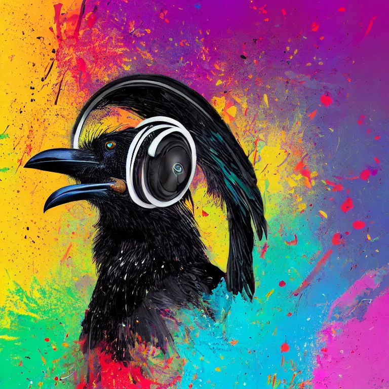 Image similar to colorful illustration of black raven bird in headphones, colorful splatters, by andy wrahol and zac retz and kezie demessance