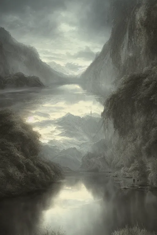 Image similar to River Anduin in the evening, detailed matte painting, cinematic, Alan Lee, Artstation