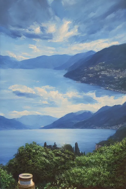 Prompt: Highly detailed oil painting of Lake Como, wide shot, daylight, blue sky, summer, dramatic lighting, award winning, highly detailed, medium format photography, cinestill 800t.
