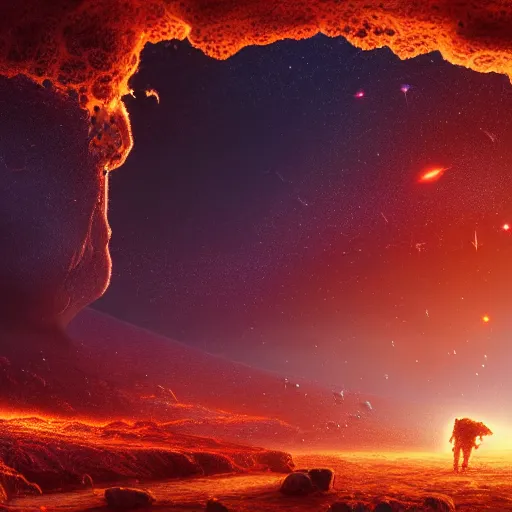 Image similar to Digital art of a meteorite containing an insect hive burning up in the atmosphere, Wayne Barlowe, Mike Winkelmann, Jessica Rossier 4k prehistoric geology space hubble start nebula