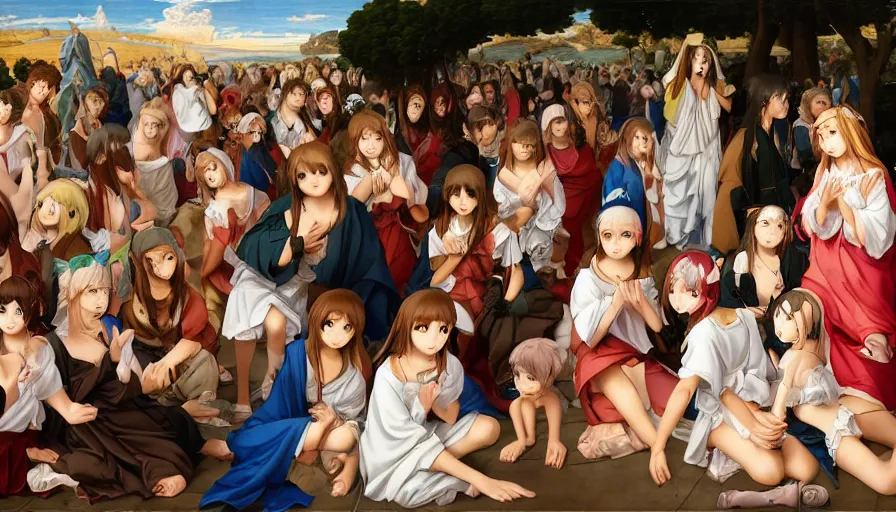 Image similar to jesus christ surrounded by cute anime girls, photorealistic, anime, mini skirt, neko, cat ears, renaissance painting, hyper real, detailed, wide angle shot, ultra detailed