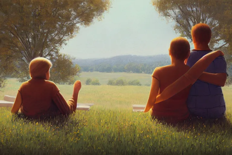 Prompt: beautiful painting, back view of friends sitting on the edge, cute, soft light, digital painting by diane arbus and ralph mcquarrie and harry bertoia octane render