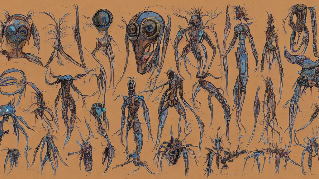 Prompt: aged paper, concept art, colorful character sheet for a male extraterrestrial cyborg multiple - eyes insect - headed warlord, retrofuture, fantastic planet, moebius, valerian, coherent, illustration, digital art, trending on artstation, hd, 8 k, good lighting, beautiful, rough paper, masterpiece