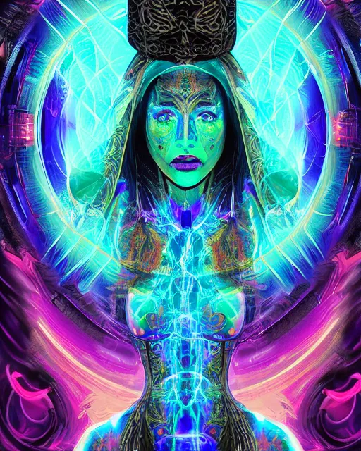 Prompt: a powerful energy psychedelic matrix priestess, by alexander fedosav, hyper detailed digital matte painting, concept art, hyperrealism, 1 6 k resolution, cinema 4 d, 8 k resolution, trending on artstation, behance hd, a masterpiece, by stephan martiniere, particles, cel - shaded, power bright neon energy, by david a. hardy,