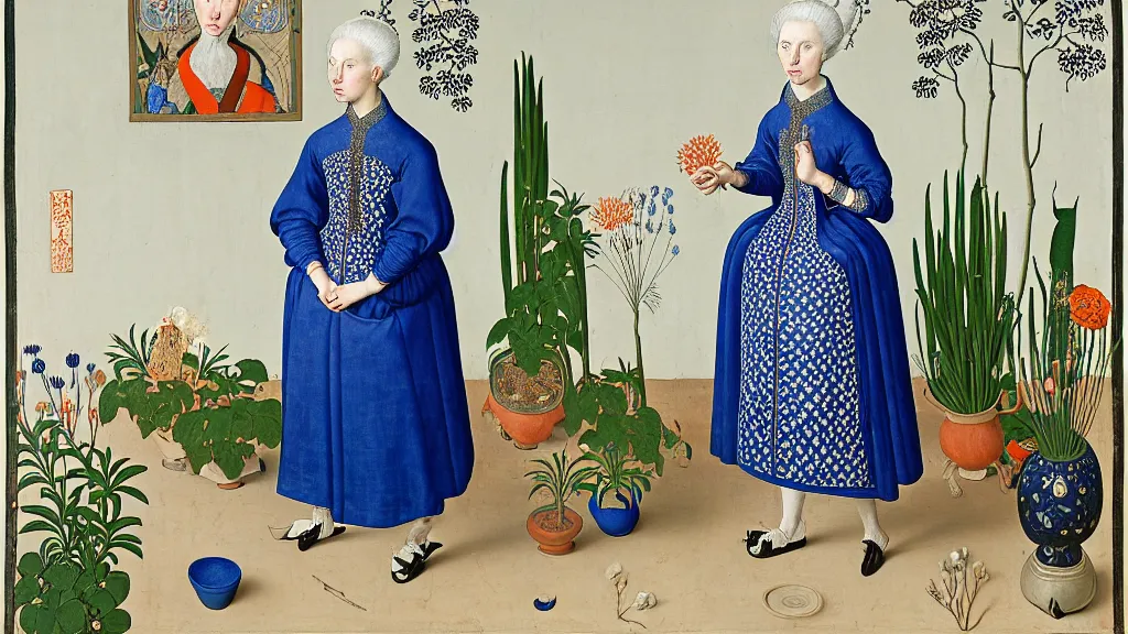 Image similar to portrait of a woman with white hair, wearing a plastic blue dress, standing in a room full of plants and flowers, white background, intricate details, high detail, in the style of rogier van der weyden and jacopo da pontormo, punk, asian art,