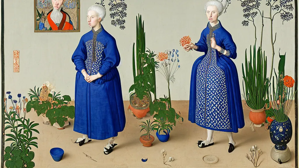 Prompt: portrait of a woman with white hair, wearing a plastic blue dress, standing in a room full of plants and flowers, white background, intricate details, high detail, in the style of rogier van der weyden and jacopo da pontormo, punk, asian art,