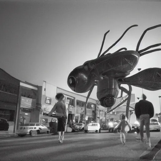 Image similar to 1 9 9 3, disposable camera, flash, giant insect alien chasing people in suburbia