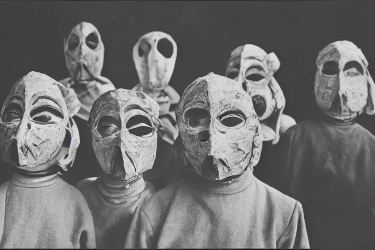 Image similar to vintage photo of villagers wearing weird masks by hilla becher, eerie, bizarre, highly detailed shot, dramatic 8 k uhd