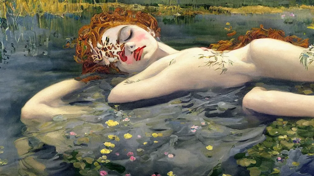 Image similar to prompt: one beautiful girl sleeping in the lake with shining face painted by Valentin Serov, detailed realistic face, Ophelia painting inspired, intricate detailed oil painting, alchemical artifacts and hieroglyphs, magical items, gnarly paint marks