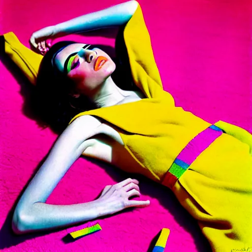 Image similar to a beautiful fashion model laying on a colorful rug, wearing a lot of different colorful ties on her body. surreal photograph, toiletpaper magazine, 3 5 mm photograph, colourful, by pierpaolo ferrari, maurizio cattelan