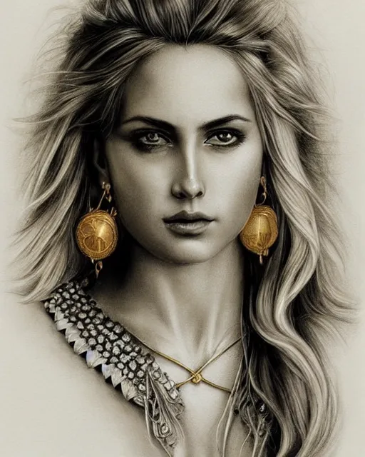 Prompt: pencil drawing of a beautiful greek goddess wearing round golden earrings, beautiful piercing eyes with a seductive look, beautiful blonde hair, hyper realistic face, in the style of greg rutkowski, fantasy, amazing detail, epic, elegant, smooth, sharp focus, from the front