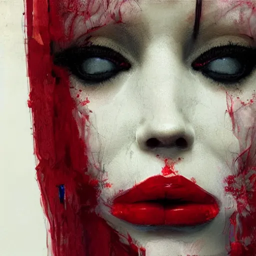 Image similar to lips sewn shut of a pelham puppet surrounded by red curtains by Conrad Roset and Nicola Samuri, medium shot, rule of thirds, seductive look, beautiful, intricate, dystopian, sci-fi, extremely detailed, digital painting, artstation, concept art, smooth, sharp focus, intimidating lighting, incredible art, details visible, very dark ambiance