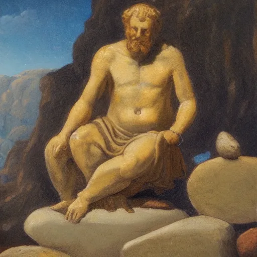 Prompt: painting of a thinking man sitting on a stone surrounded by faries, greek