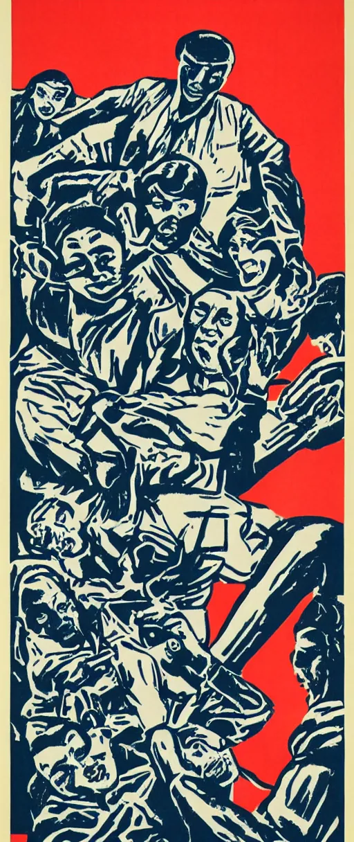 Image similar to mid-century block print propaganda poster promoting nonsense