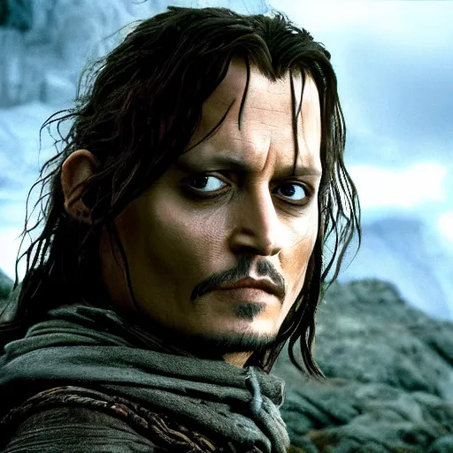 Prompt: symmetry!! photograph of johnny depp starring in the lord of the rings as aragorn, detailed - face!!, wide - angle!!, cinematic, intricate, elegant, highly detailed, film still, nikon, canon eos, zeiss lens, dramatic lighting, sharp - focus!!, photography!!