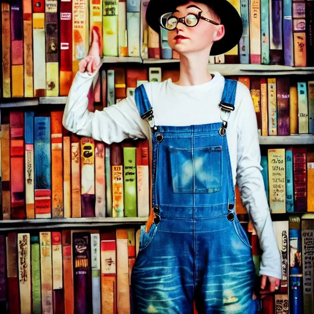 Image similar to full body pose, beautiful adult book fairy, pixar, short white hair shaved sides, dirty, grungy, grunge, long sleeve, painted overalls, stacks of giant books, highly detailed, 4 k, hdr, smooth, sharp focus, high resolution, award - winning photo, artgerm, photorealistic