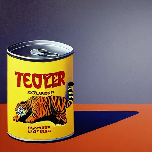 Prompt: tiger print by steve henderson, by pete turner experimental. in this body art, the artist has used a photo - realist style to depict a can of soup. the can is placed on a plain background, & the artist has used bright, primary colors to create a striking image. the body art is both realistic & abstract