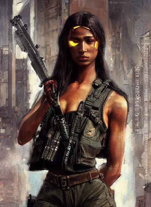 Image similar to buff Sophia. beautiful cyberpunk soldier wearing a military vest and military jumpsuit (cyberpunk 2077). gorgeous african face. Iranian orientalist portrait by john william waterhouse and Edwin Longsden Long and Theodore Ralli and Nasreddine Dinet, oil on canvas. Cinematic, hyper realism, realistic proportions, dramatic lighting, high detail 4k