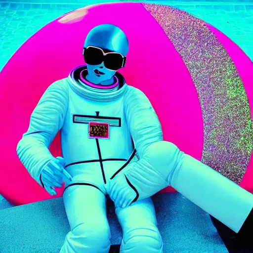 Prompt: vaporwave astronaut lounging beside a pool, wearing sunglasses and a glittery dress