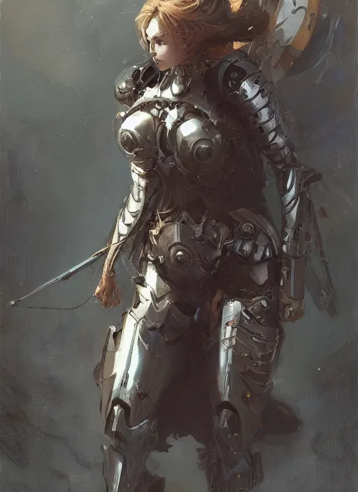 Image similar to character design game art digital 2 d girl medieval cyborg armor by gaston bussiere, anna nikonova aka newmilky, greg rutkowski, yoji shinkawa, yoshitaka amano, tsutomu niehi, donato giancola, geoffroy thoorens, trending on artstation, featured on pixiv