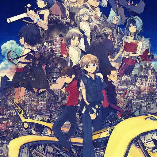 Image similar to The Banana Blue Gang, anime poster printed, Artwork by Akihiko Yoshida, cinematic composition