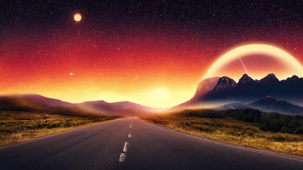 Image similar to open country Road, mountains, sunset, stars, small planet in the sky, realistic, cinematic, 8k