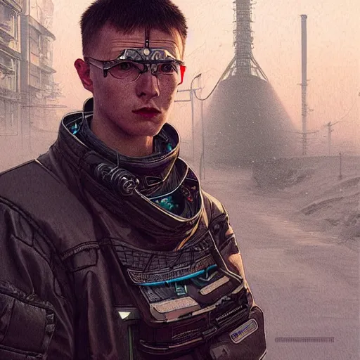 Prompt: A portrait of a cyberpunk gopnik on the street of a Russian city on the moon, Norilsk, sci-fi, fantasy, intricate, very very beautiful, elegant, highly detailed, digital painting, artstation, concept art, smooth, sharp focus, illustration, art by artgerm and greg rutkowski and alphonse mucha