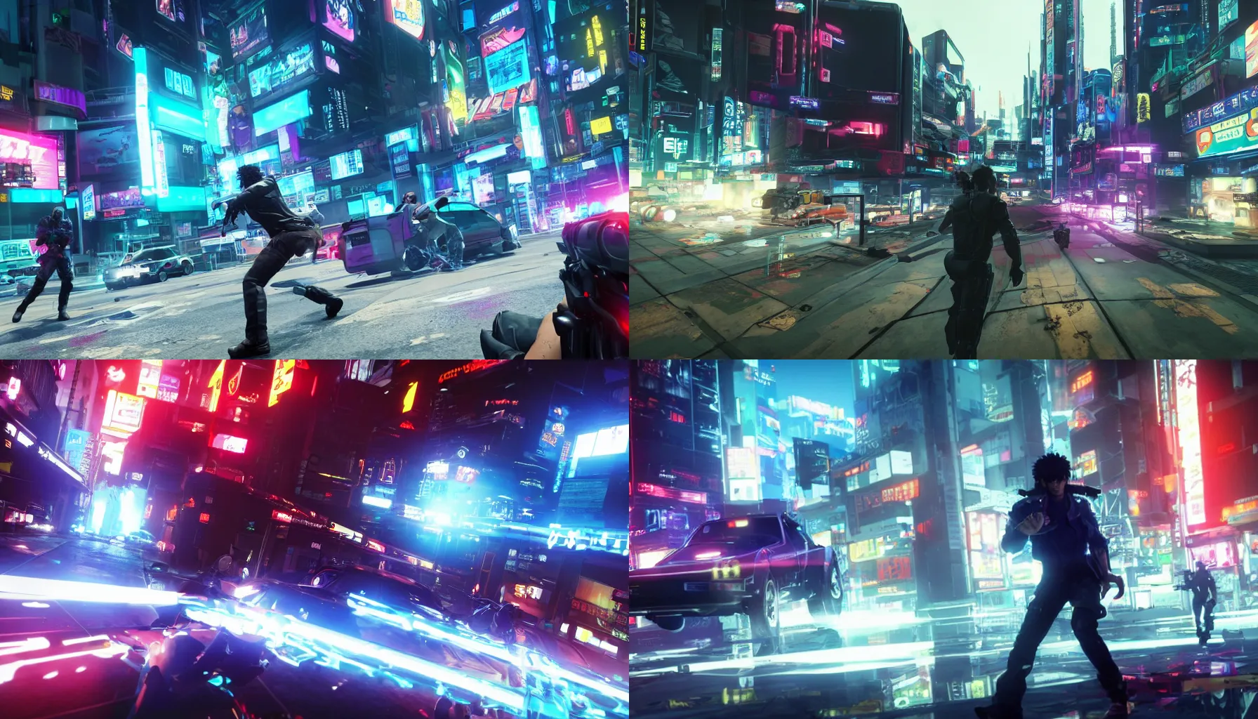 Prompt: an action packed screenshot of a multiplayer first person perspective bank robbery simulator game, Set in a fictional cyberpunk 1980, anime style graphics inspired by Ghost in the shell + Akira + Cowboy Bebop, Unreal engine 5, Highly Detailed, Vibrant, created by Arc System Works + Hideo Kojima