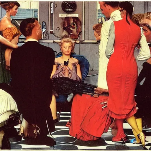 Image similar to A synthetic woman meets others for the first time, by Norman Rockwell.