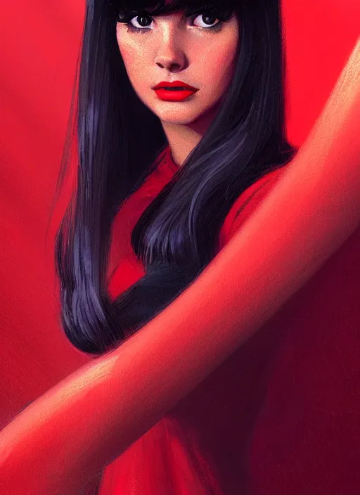 Image similar to portrait of veronica lodge with bangs, 1 9 6 0 s, long hair, red clothes, bangs, intricate, elegant, glowing lights, highly detailed, digital painting, artstation, concept art, smooth, sharp focus, illustration, art by wlop, mars ravelo and greg rutkowski