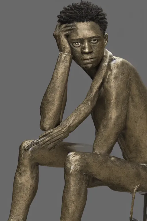 Image similar to a full-body bronze statue of Jean-Michel Basquiat sitting and thinking 3d octane render