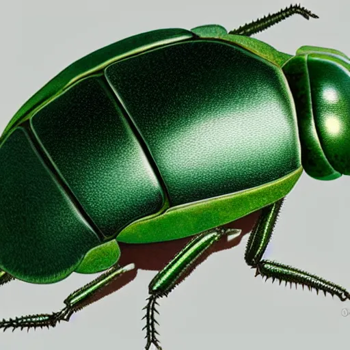 Image similar to hybrid of green beetle and snail, photorealistic, close - up