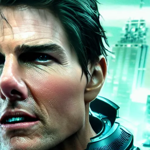 Image similar to tom cruise as a cyborg in cyperpunk 2 0 7 7, unmasked, movie still, cinematic, photorealistic, extreme detail, facial features, sharp focus, 8 k, rain, close up, anamorphic lens, lighting, dark, dystopia