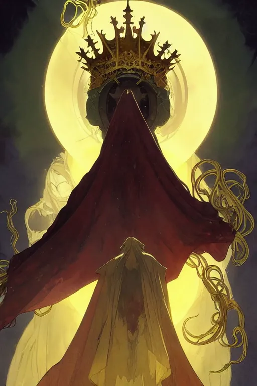 Image similar to A full body portrait of a mysterious character with no face with a very long hooded yellow cloak, a golden crown floating above his head, tentacles coming out the ground art by Artgerm and Greg Rutkowski and Alphonse Mucha and Craig Mullins and James Jean and Andrei Riabovitchev and Marc Simonetti and peter mohrbacher, sharp focus, ominous, cosmic horror, trending on artstation, Ultra detailed, hyper realistic 4k