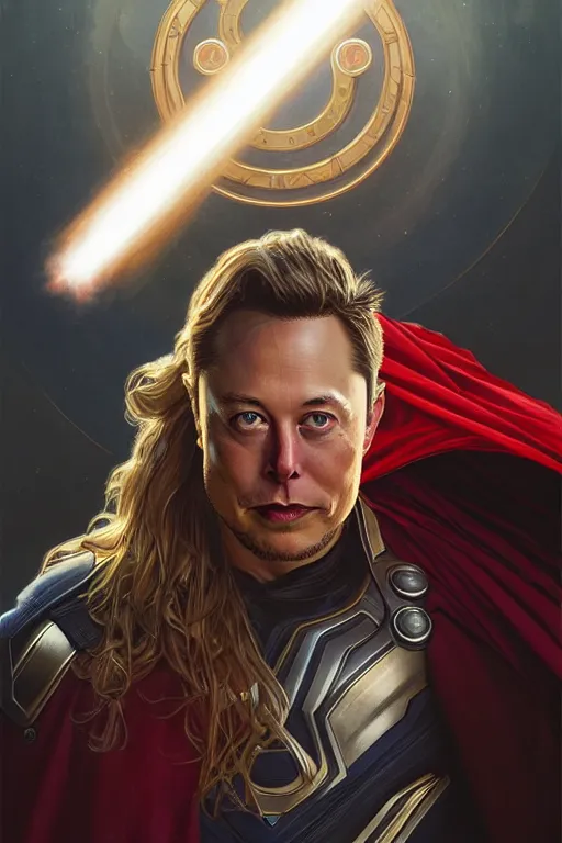 Image similar to elon musk as thor, realistic portrait, symmetrical, highly detailed, digital painting, artstation, concept art, smooth, sharp focus, illustration, cinematic lighting, art by artgerm and greg rutkowski and alphonse mucha