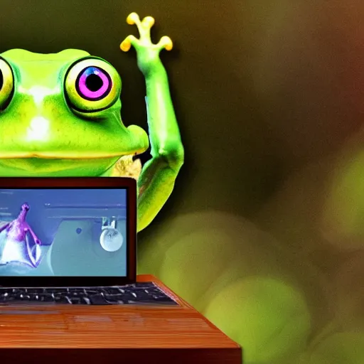 Prompt: frog livestreaming behind its computer to twitch, while sitting on a throne in a beautiful forest