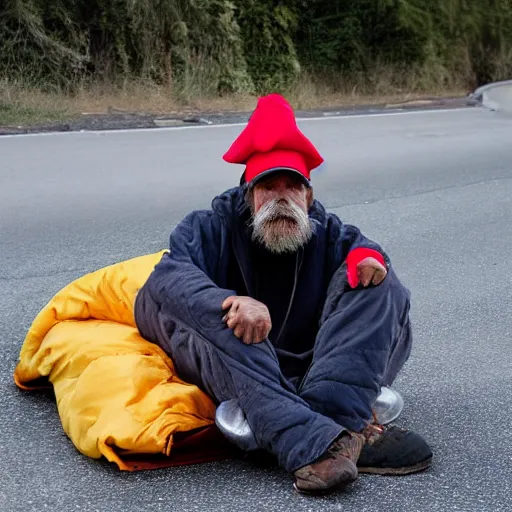 Prompt: a homeless angry man wearing mario's hat pointing the middle finger at the camera, on the side of a road, he is sitting on a sleeping bag.