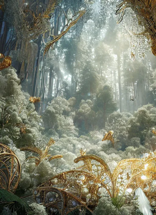 Image similar to beauteous sumptuous white pearlescent iridescent organic forest, crystal, gold, copper, bronze biomechanical with incredible iridescent pearlescent voluminous neon vegetation, crystalline masterpiece incrustations, hyperdetailed animals, movie still, intricate, octane render, cinematic forest lighting, unreal engine, crepuscular rays, god rays