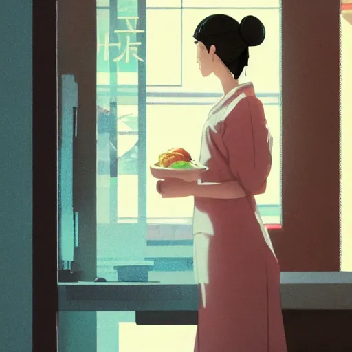 Prompt: a photography of a woman Grocer with frock,looks like Ziyi Zhang ponytail, grocery store around，winter,anime style character, clean soft lighting, backlit beautiful face, Oil painting, by Ilya Kuvshinov, Greg Rutkowski and Makoto Shinkai