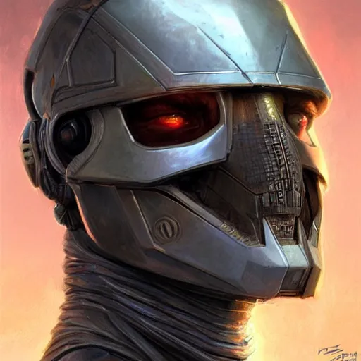 Image similar to human male as a realistic scifi cyberpunk knight, closeup portrait art by donato giancola and greg rutkowski, realistic face, digital art, trending on artstation, skull helmet, symmetry!!!