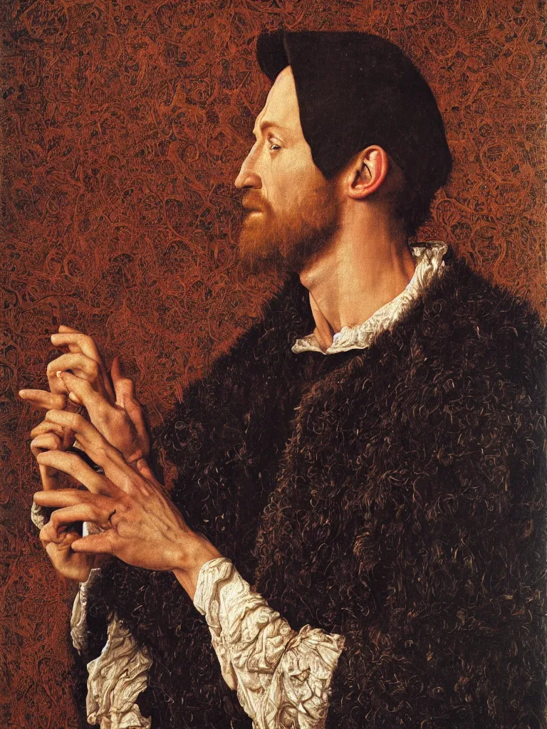 Image similar to portrait of hugh jackman, oil painting by jan van eyck, northern renaissance art, oil on canvas, wet - on - wet technique, realistic, expressive emotions, intricate textures, illusionistic detail