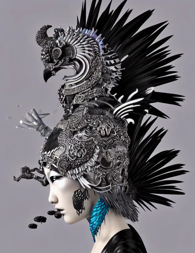 Image similar to 3 d goddess close - up profile portrait punk with mohawk with ram skull. beautiful intricately detailed japanese crow kitsune mask and clasical japanese kimono. betta fish, jellyfish phoenix, bio luminescent, plasma, ice, water, wind, creature, artwork by tooth wu and wlop and beeple and greg rutkowski