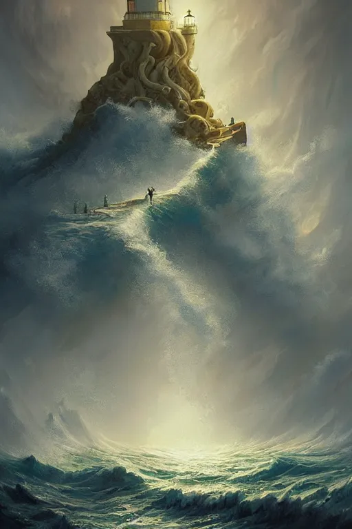 Image similar to epic scene of cthulhu rising from the stormy ocean near a dramatic coastline with lighthouse by peter mohrbacher, masterpiece, artstation, digital painting