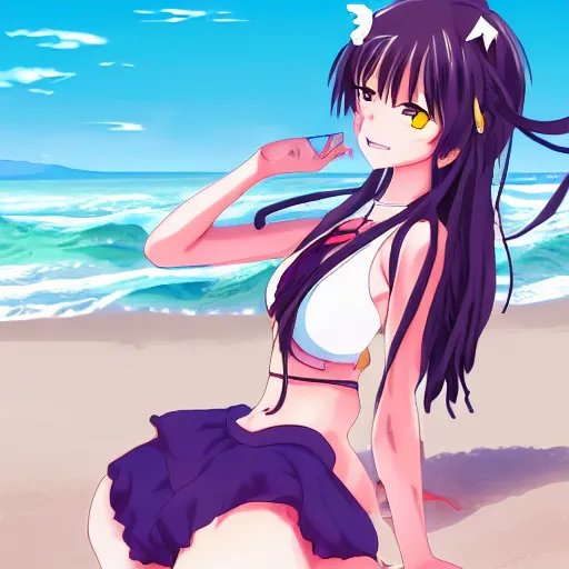 Prompt: anime girl at the beach, key anime visual, pixiv